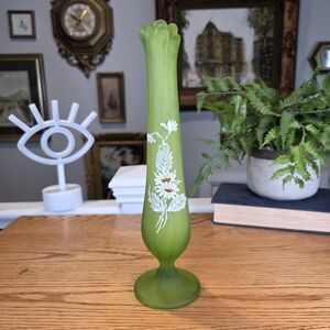 Vintage Lime Green Satin Glass Bud Vase Hand Painted White Daisies MCM 11"